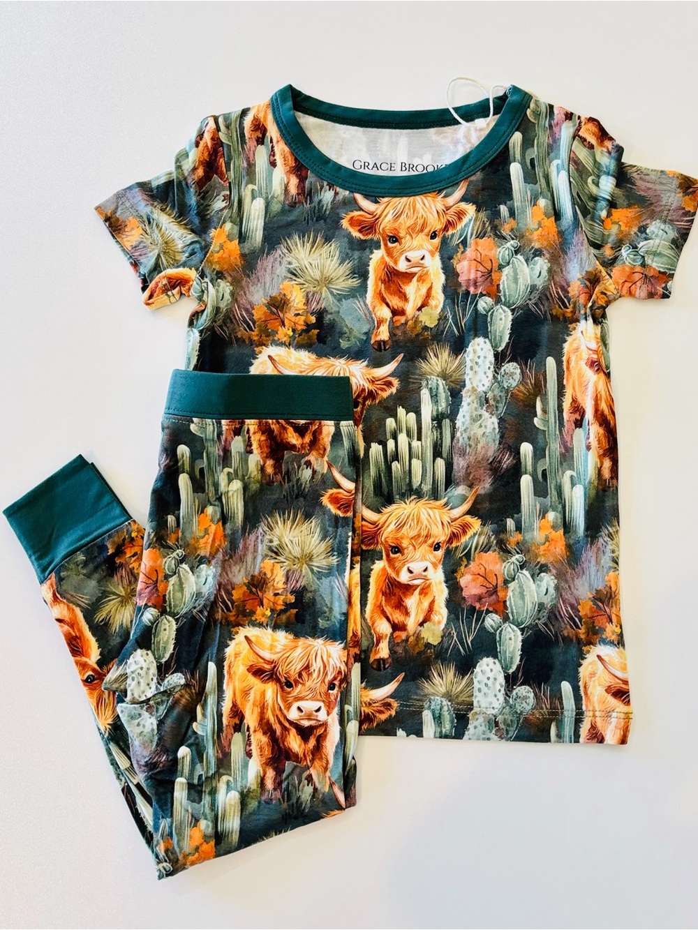 Kids Green Cactus & Highland Cow Bamboo Set